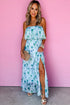 Green Floral Print Ruffled Side Slit Tube Top Maxi Dress
